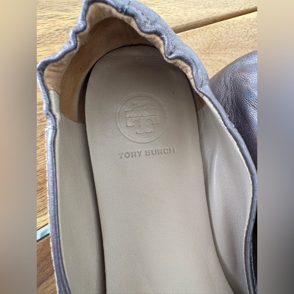 Tory Burch Minnie Travel Ballet Flats Gunmetal Gray Metallic Leather 7.5 - Picture 10 of 10